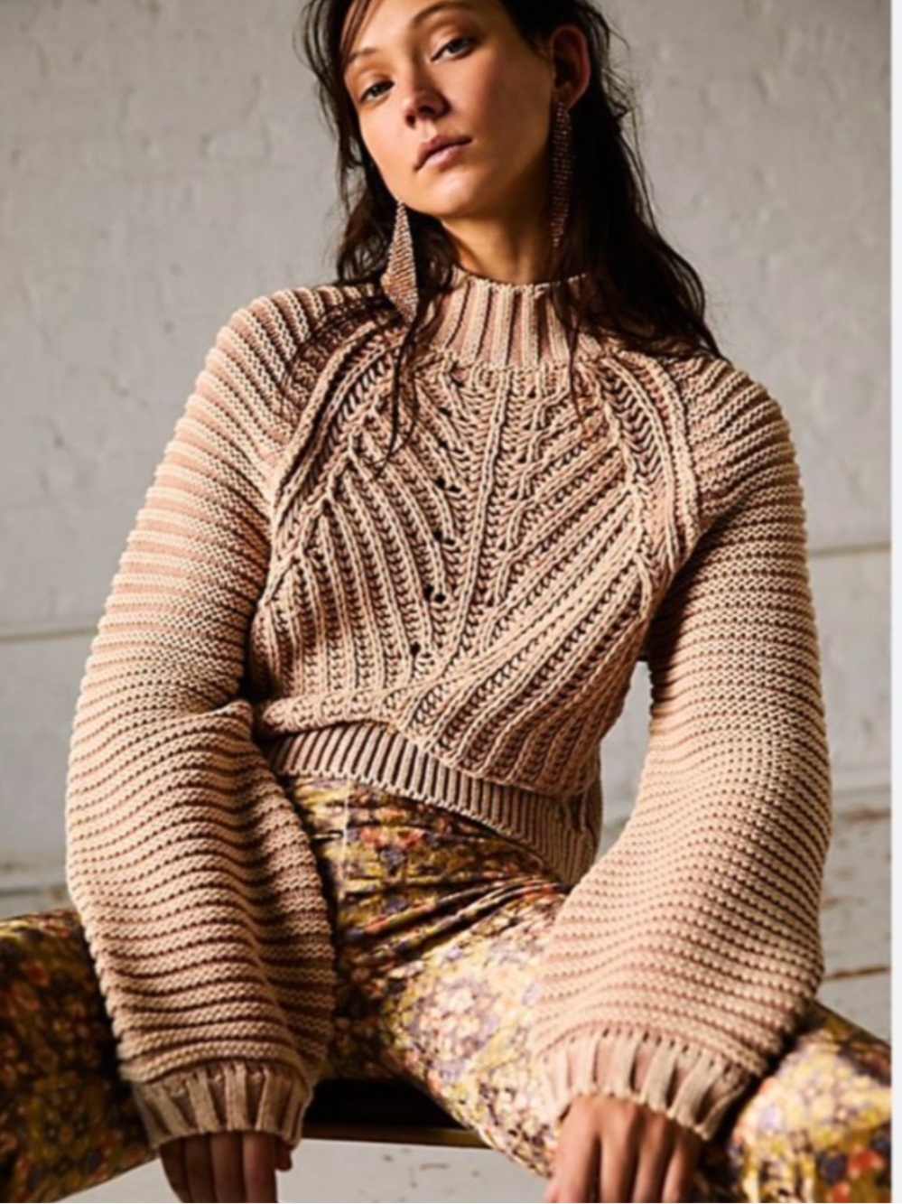 Free People Sweetheart Mock Sweater Chunky Knit Small Natural Fiber Neutral